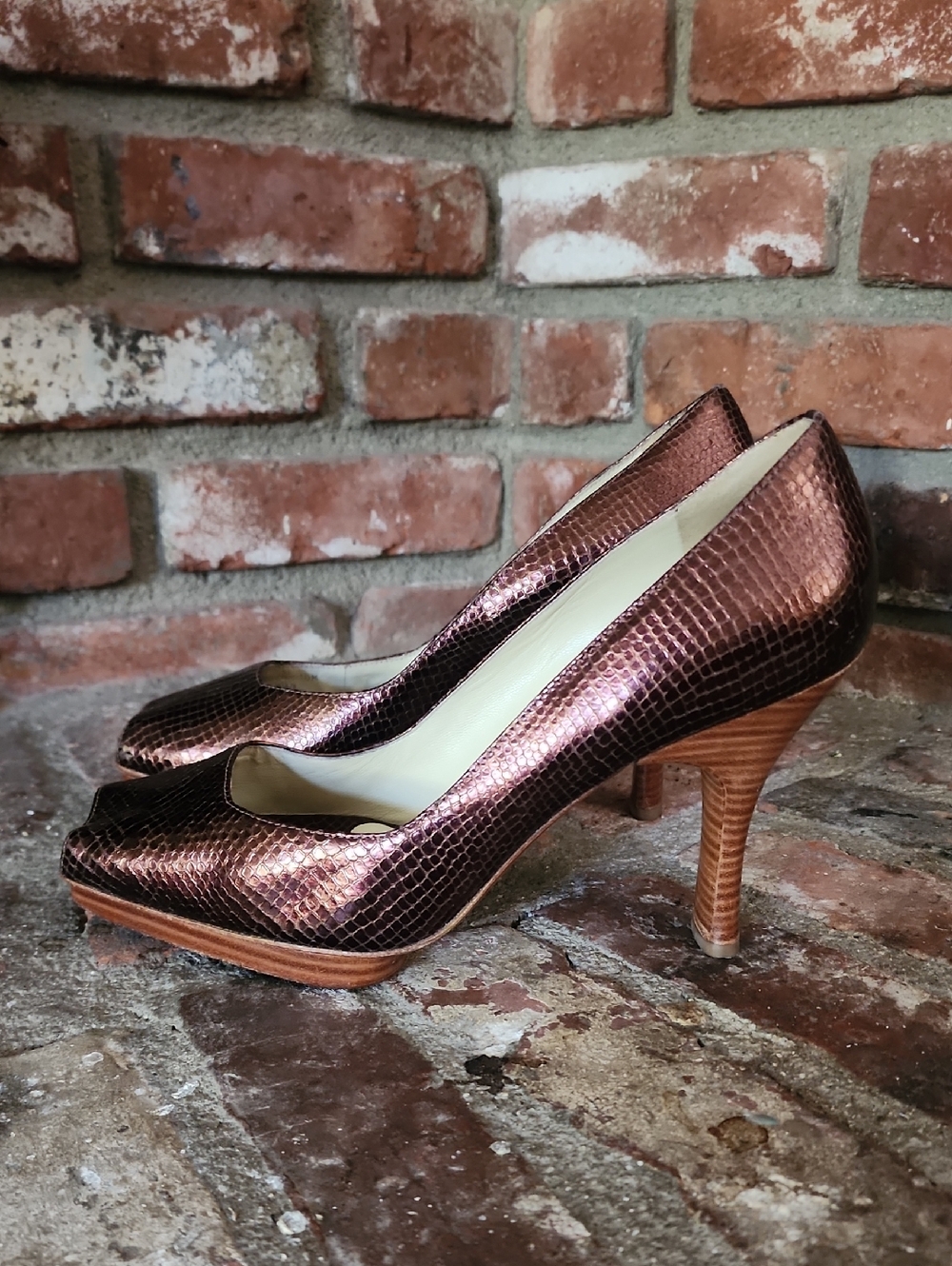 Via Spiga Copper Metallic Snakeskin Embossed Peep Toe Pumps